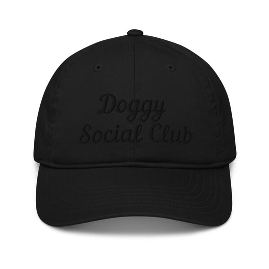 Doggy Social Club Cursive Organic Dad Hat Black Font On Black Hat