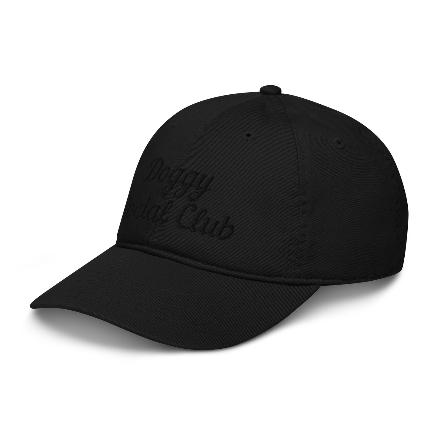 Doggy Social Club Cursive Organic Dad Hat Black Font On Black Hat