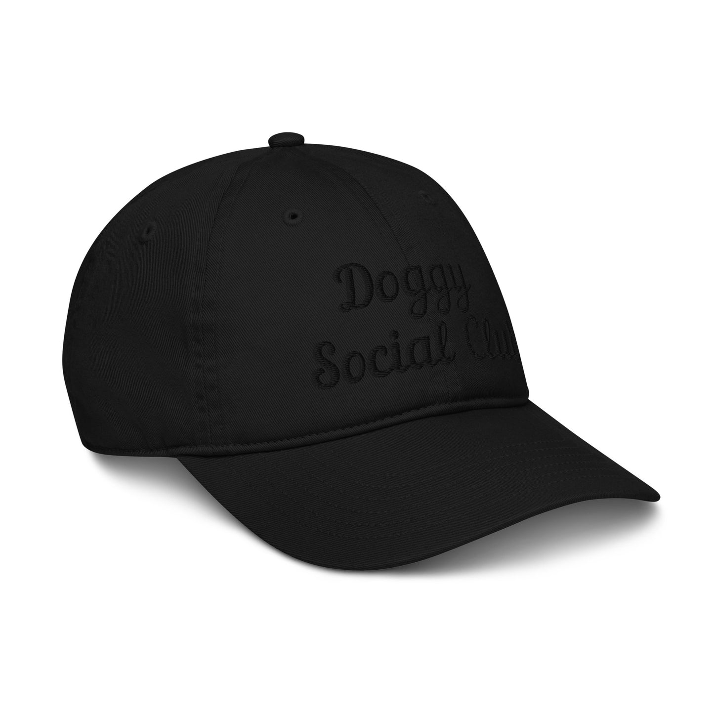 Doggy Social Club Cursive Organic Dad Hat Black Font On Black Hat