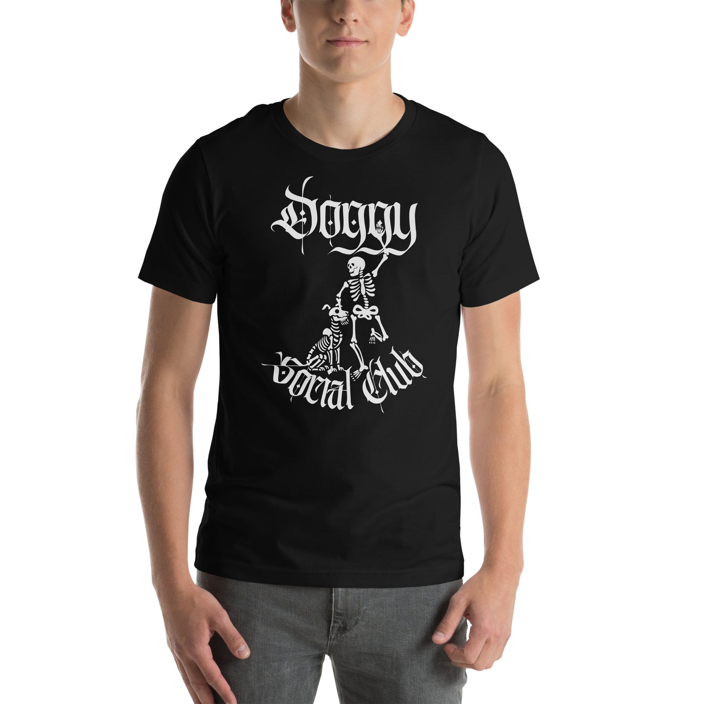 Unisex T-Shirt Doggy Social Club Gothic Skeleton Dog & Skeleton Human White Print