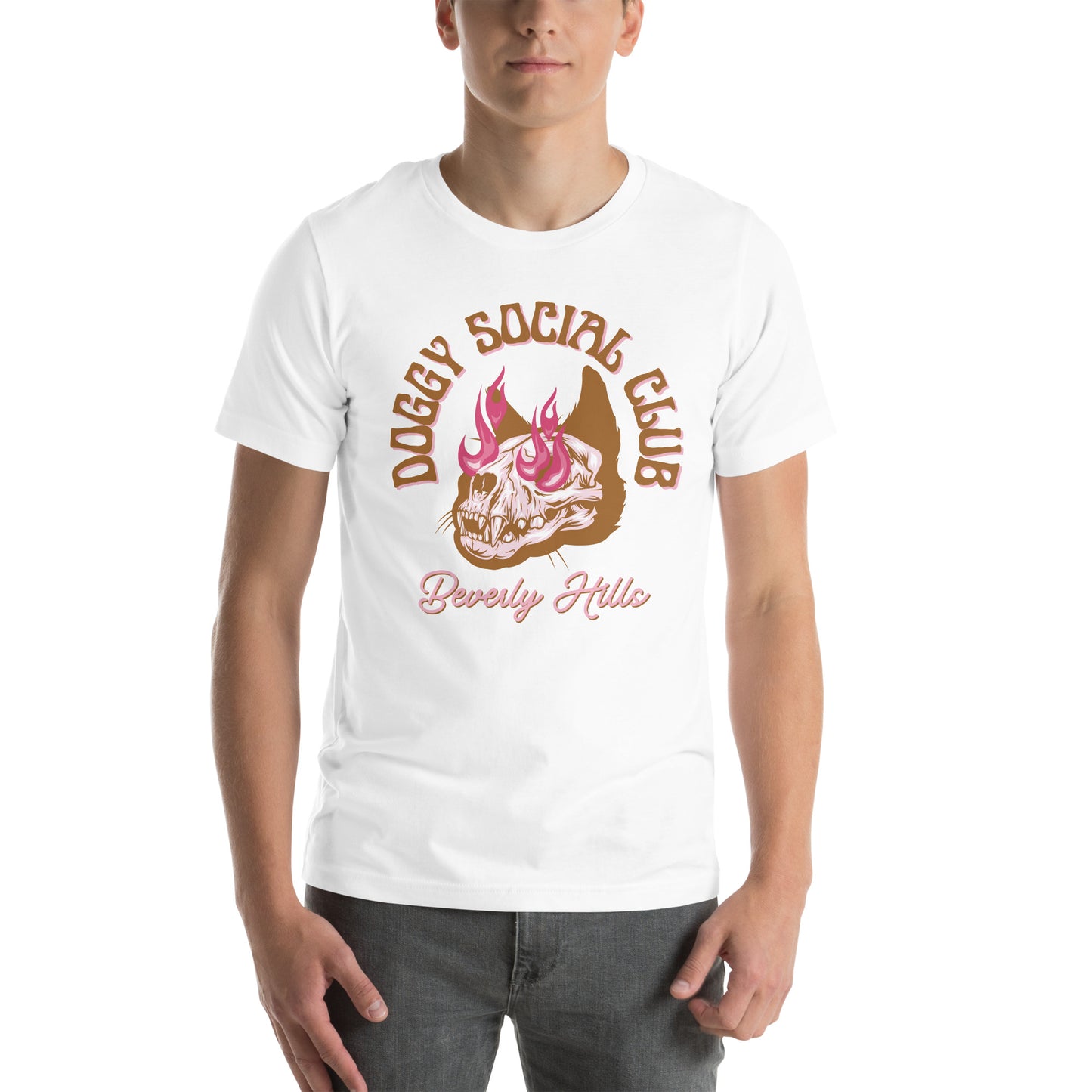 Unisex t-shirt Flaming Skull Pink Doggy Social Club Beverly Hills