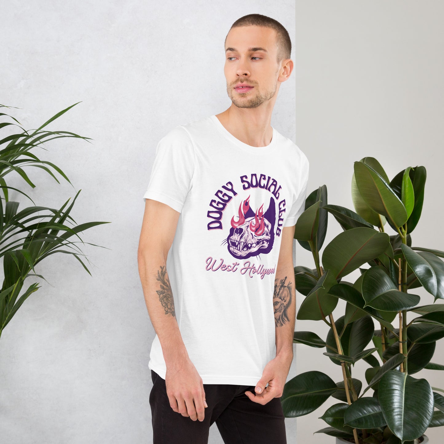 Unisex t-shirt Flaming Skull Purple Doggy Social Club West Hollywood