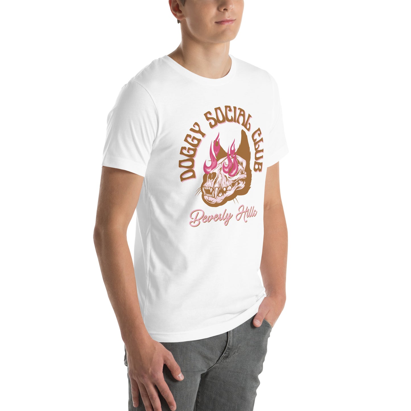 Unisex t-shirt Flaming Skull Pink Doggy Social Club Beverly Hills